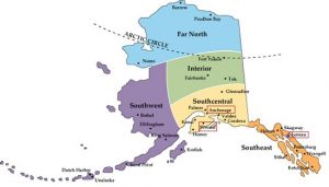 Mapa Alasca dividido em 5 regiões
