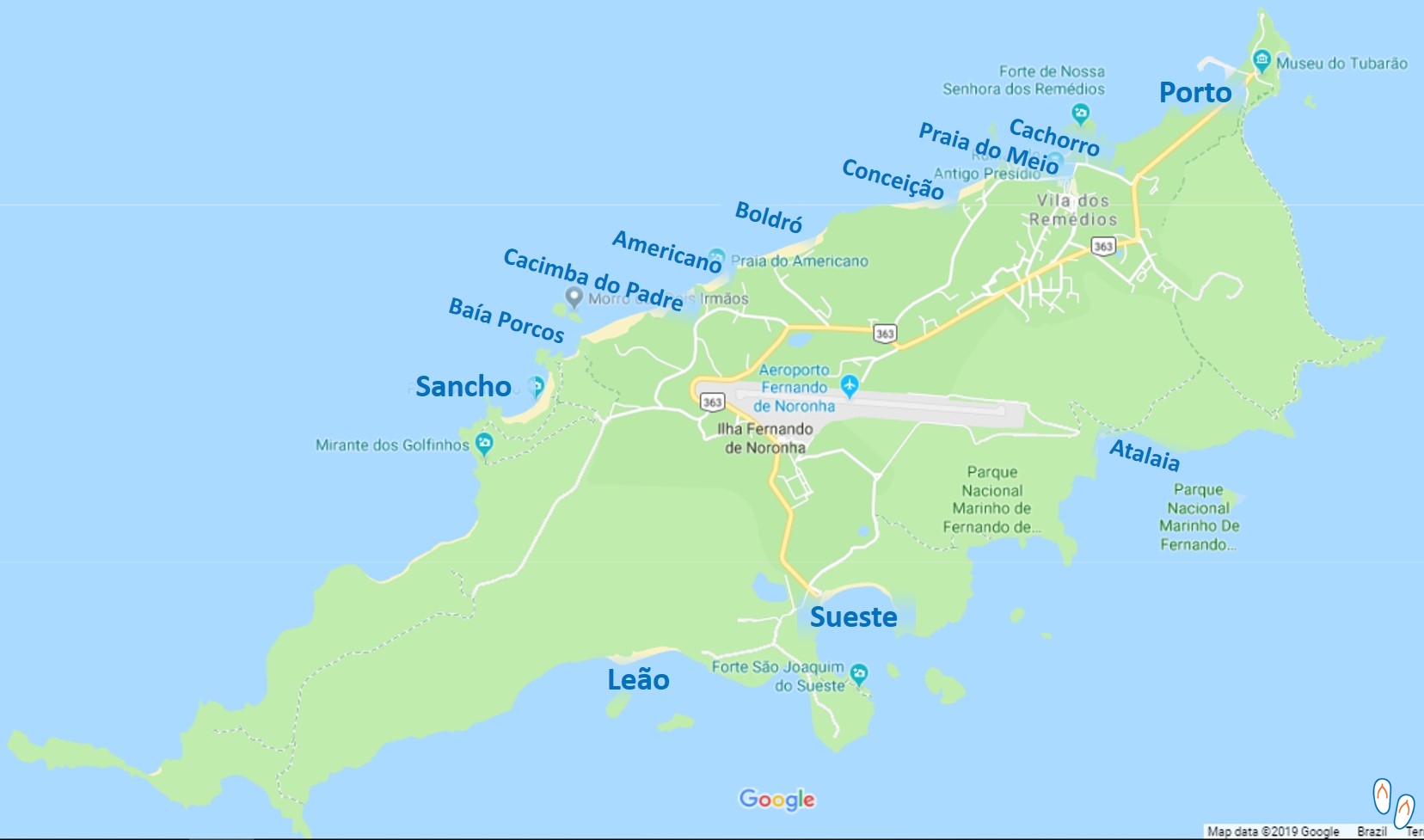 Mapa de praias de Fernando de Noronha